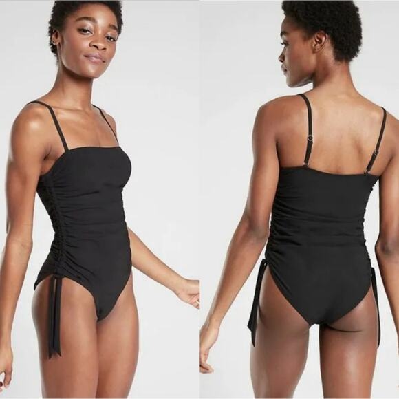 Athleta Swimsuit Womens Small Black Shirred One Piece Side Cinch Classic Stretch - Picture 1 of 8